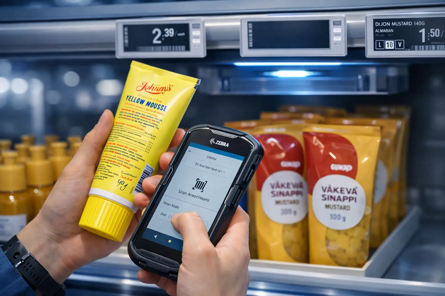 Mobiler Scan-Abgleich zwischen Regaletikett und Warenwirtschaft.