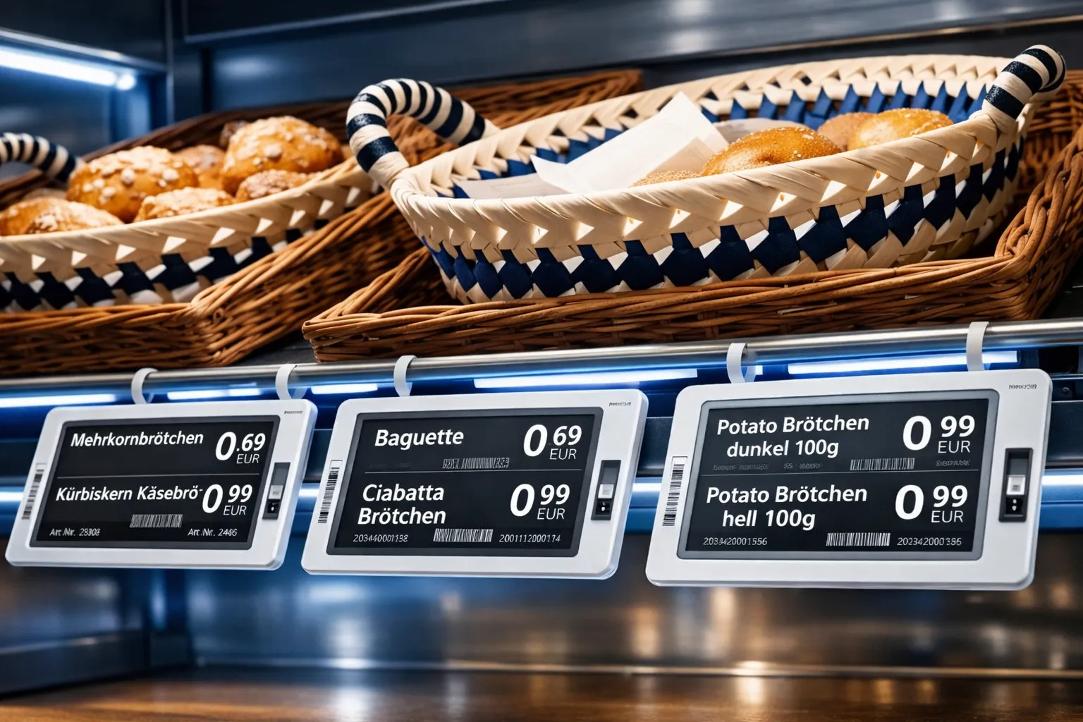 Elektronische Etiketten für Bäckerei- und Frühstücksbuffets.